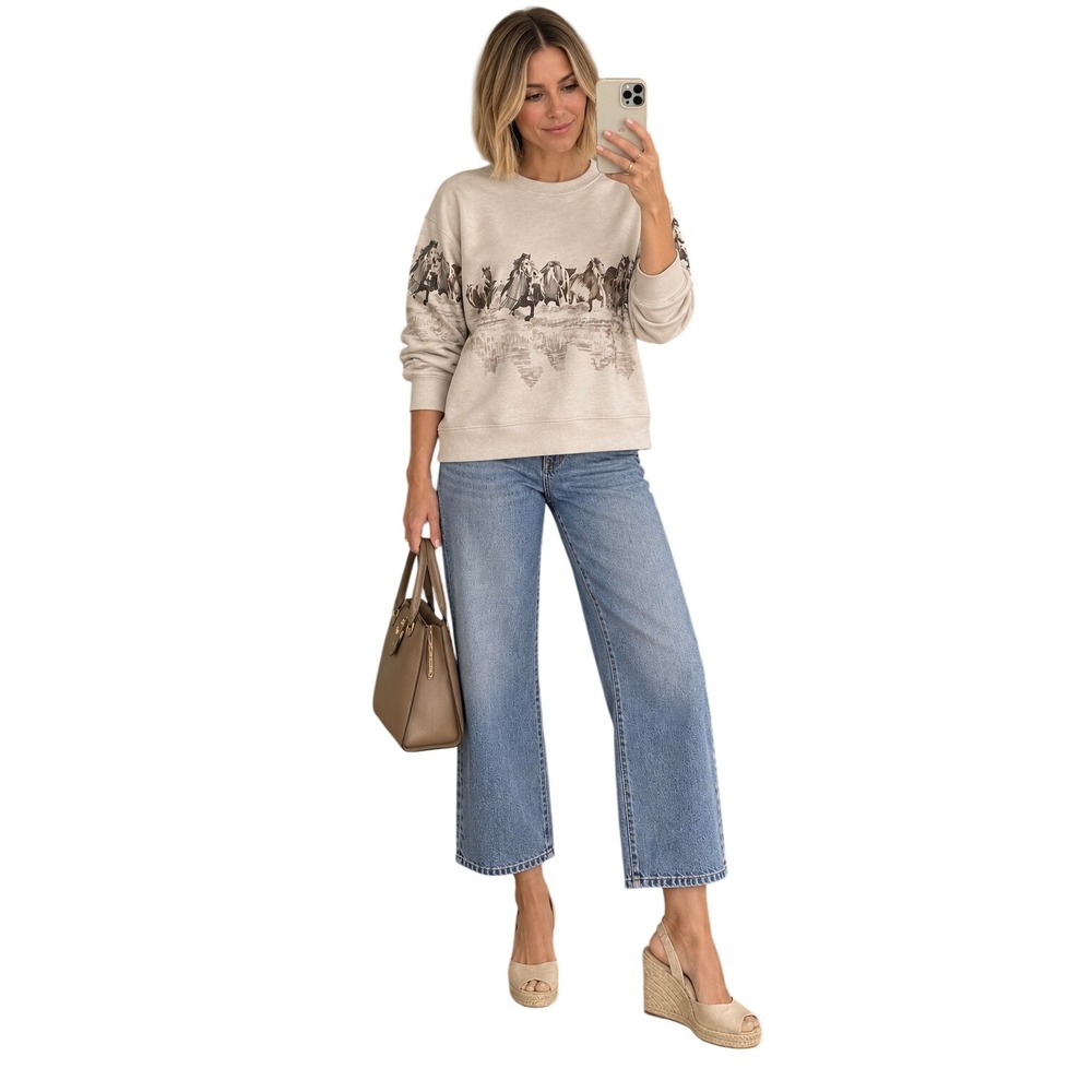 Abercrombie & Fitch Soft A&F Horse Graphic Sweatshirt M Cream Equestrian Western